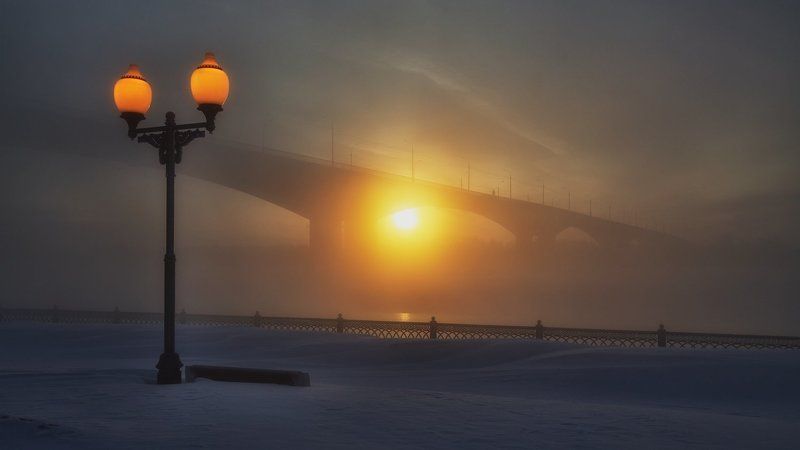 ярославль,утро,волга,набережная,туман,солнце,восход,мост. Пограничье. фото превью