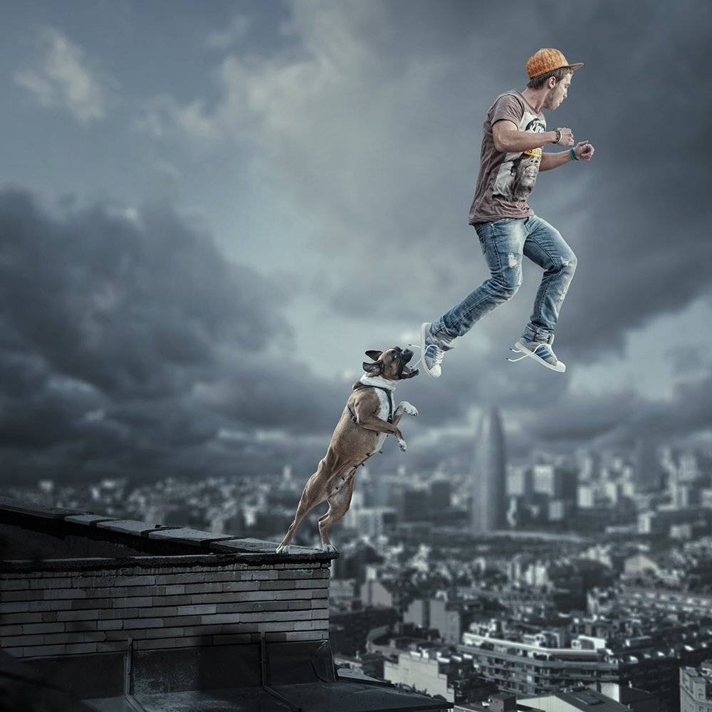 man, dog, maya, building, roof, danger, here, clouds, spain, barcelon, manipulation, photoshop, tutorials, fly, gravity, Caras Ionut