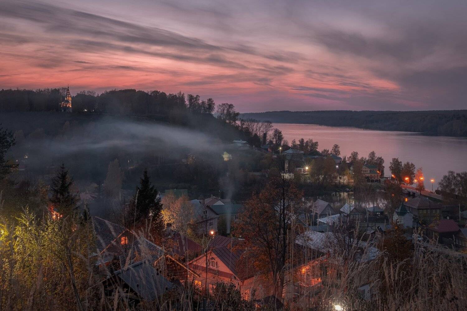плес, осень, гора, соборная, ночь, закат, вечер, огни, собор, волга, Андрей Чиж