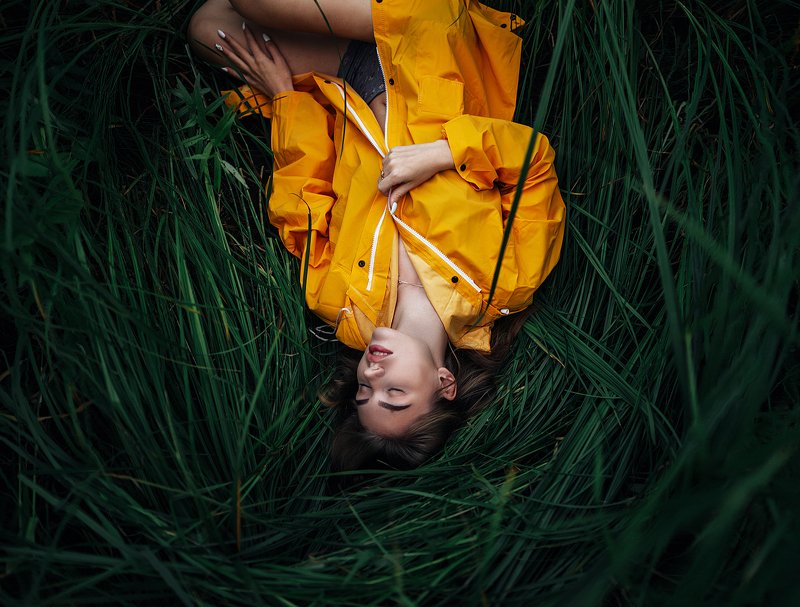 Контраст желтого дождевика и зеленой травы фото превью