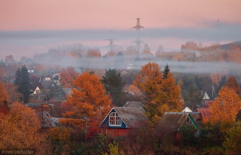 autumn, leaves, fall, yellow, orange, branch, landscape, garden, tree, cityscape, colorful, russia, omsk, siberia, осень, листопад, омск, россия, urban exploration, suburb, дача, smog, fog, mist, house, wooden, countryside Осень в Омске фото превью