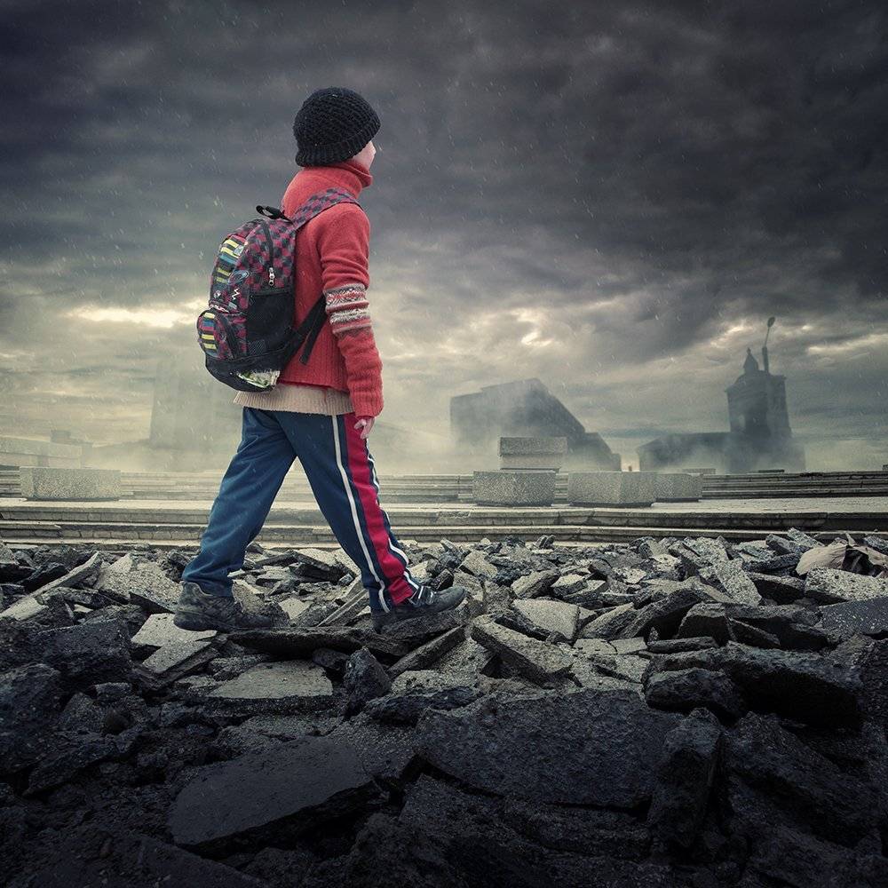 boy, walking, dreaming, photoshop, manipulation, tutorials, psd, stone, demolition, alone, school, clouds, rain, wet, light, Caras Ionut