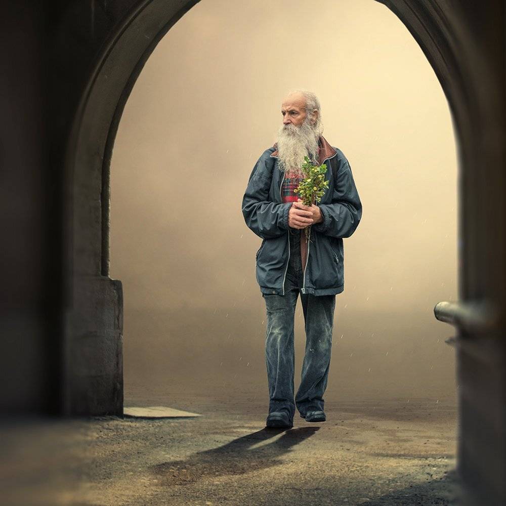 boots, fog, man, manipulation, photoshop, protection, rain, tree, umbrella, walking, wet, Caras Ionut