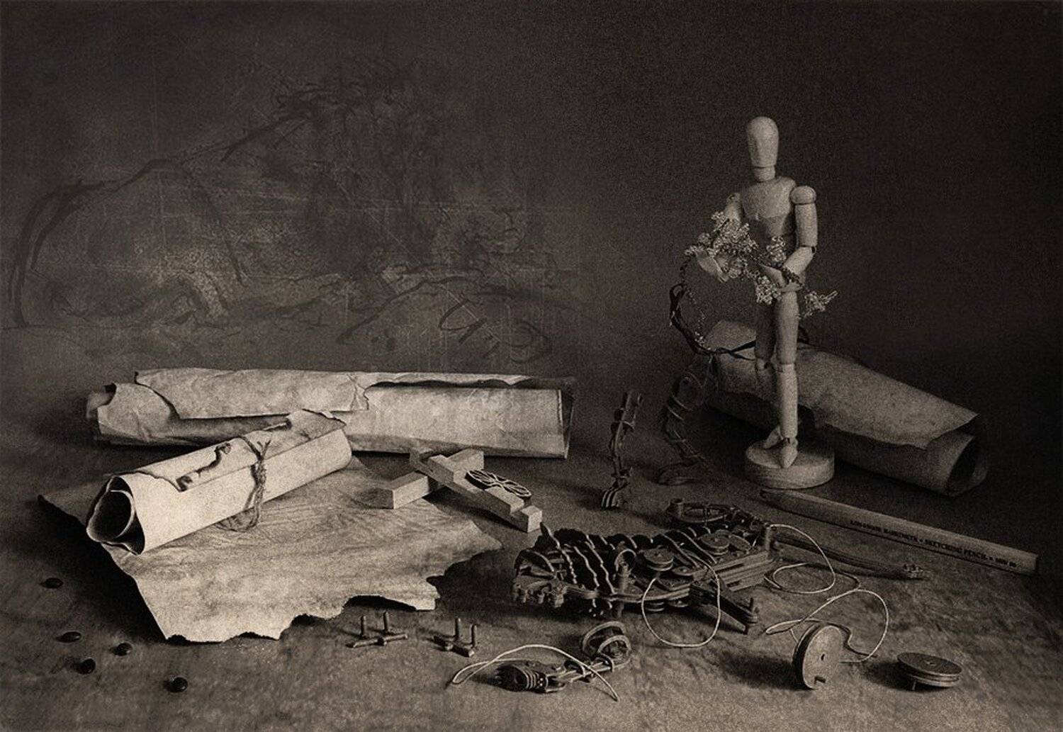 натюрморт, свиток, механический лев да винчи, цветы  лилии, Наталья Кузнецова (Nateletro)