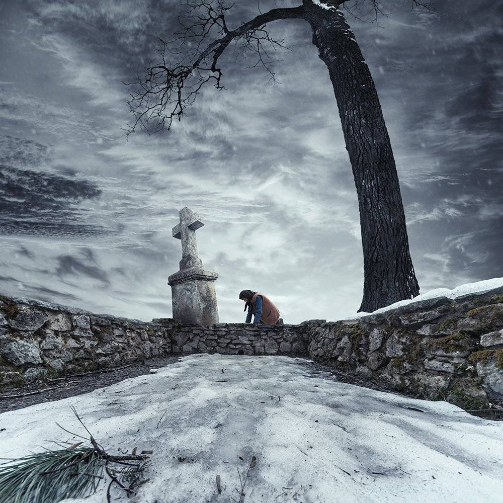 old, woman, stone, cross, tutorials, manipulation, psd, photoshop, sky, clouds, winter, snow, cold, tree, Caras Ionut