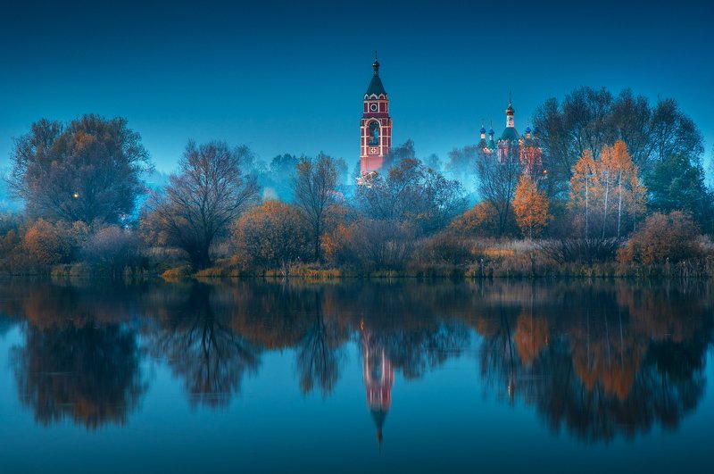 храм, туман, подмосковье, пейзаж, осень, вечер \