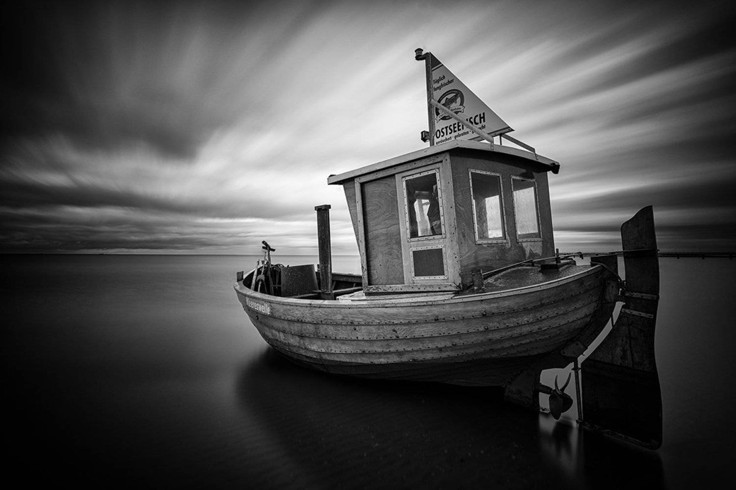 fishing boat, sea, black and white, sky, clouds, long exposure, Ondřej Tich&yacute;