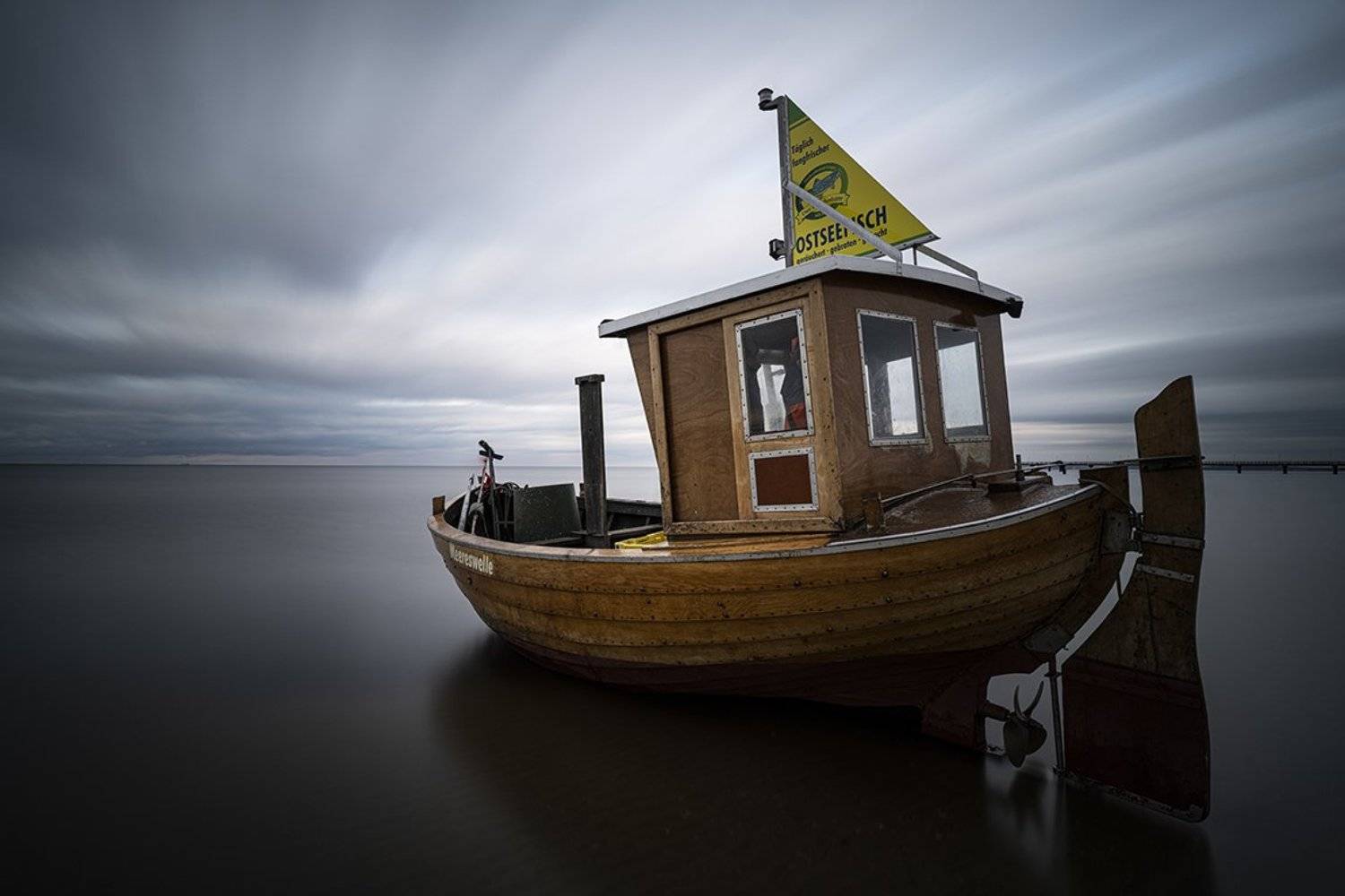 fishing boat, sea, sky, clouds, long exposure, Ondřej Tich&yacute;