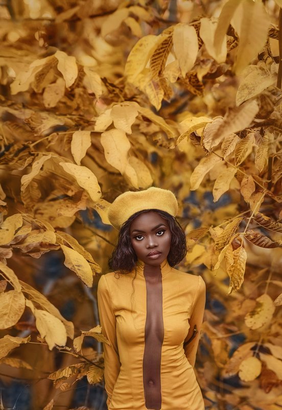 portrait, girl, autumn, yellow leaves,sexy girl,black skin  фото превью