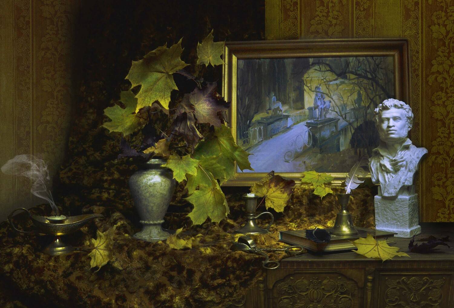 still life, натюрморт, фото натюрморт,осень, октябрь, 19 0ктября, день лицея, а.пушкин, картина, кленовые листья, свечи, подсвечники, книга, перо, картина маслом, Колова Валентина