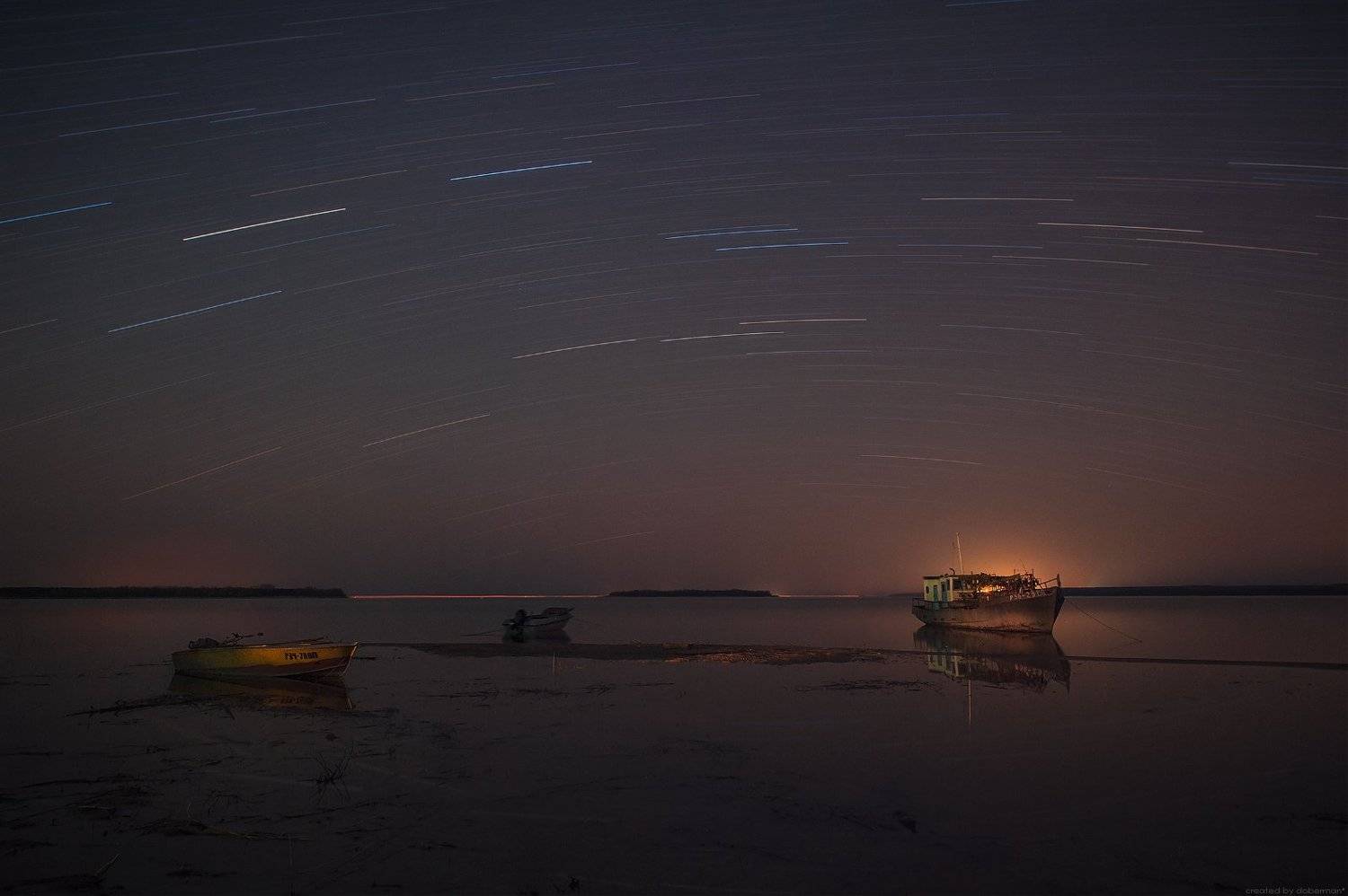 длинная выдержка, ночная съемка, звезды, вода, лодка, треки, Денис Богомолов