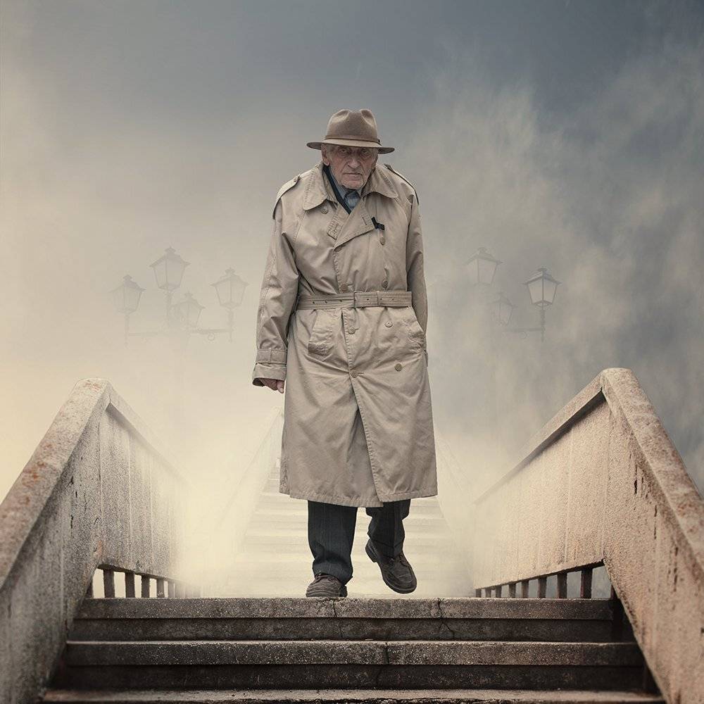 alone, old, man, stairs, psd, tutorials, manipulation, smoke, pole, light, left, Caras Ionut
