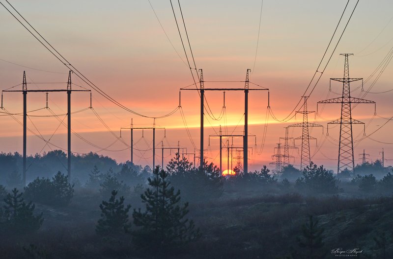 утро, осень, солнце, рассвет, восход, лэп Энергия утра фото превью