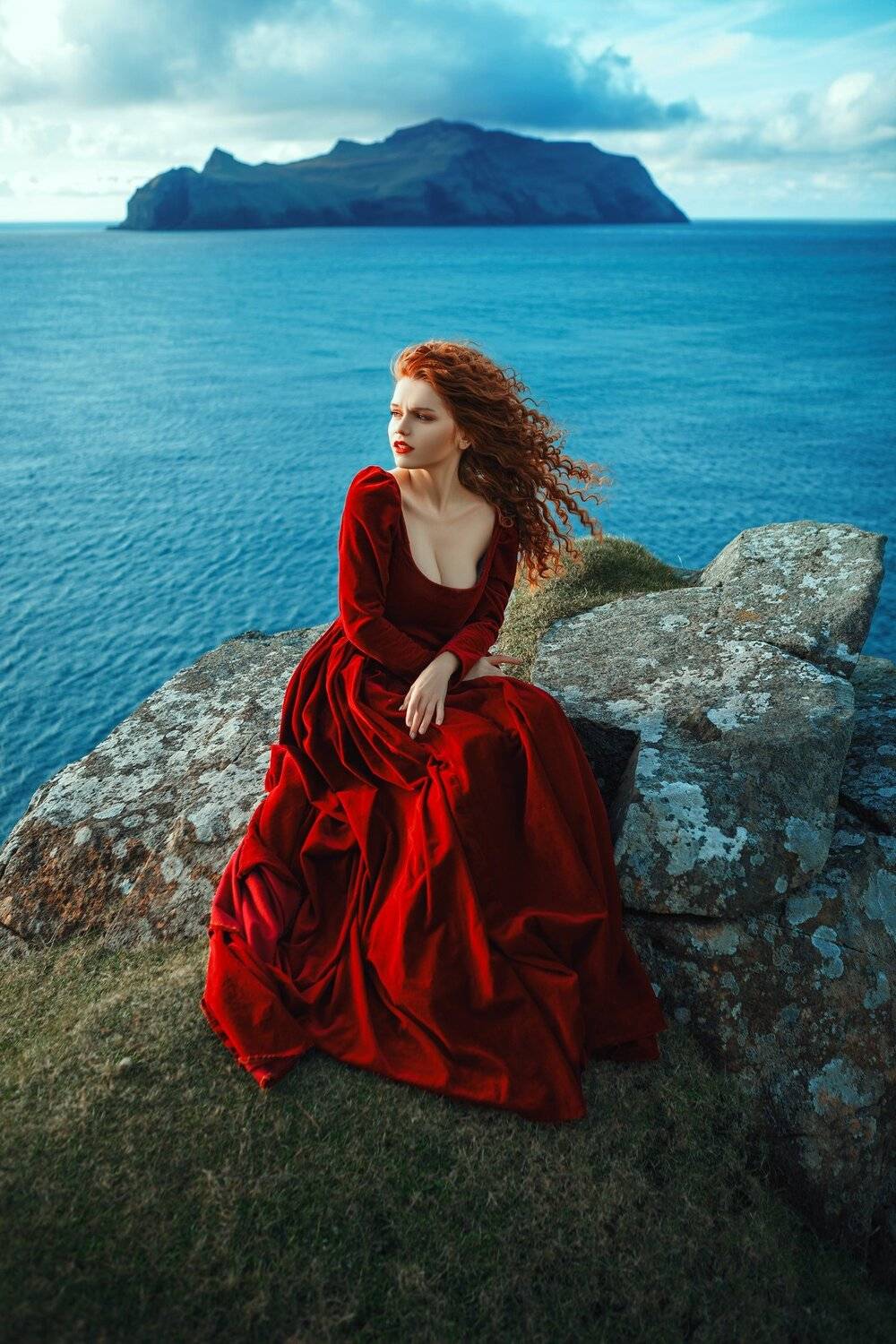 faroe, island, beautiful, landscape, wind, ocean, sea, wild, portrait, red dress, sun, light, mountains, dresmy,, Катерина Клио