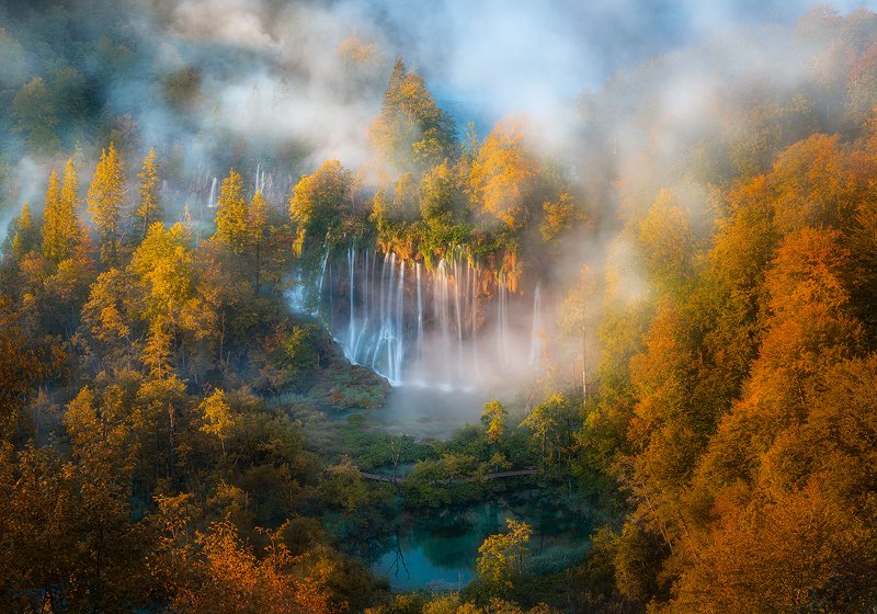 plitvice, lakes, vroatia, mist, fog, waterfall, forest, autumn, tree  plitvice lakes  фото превью