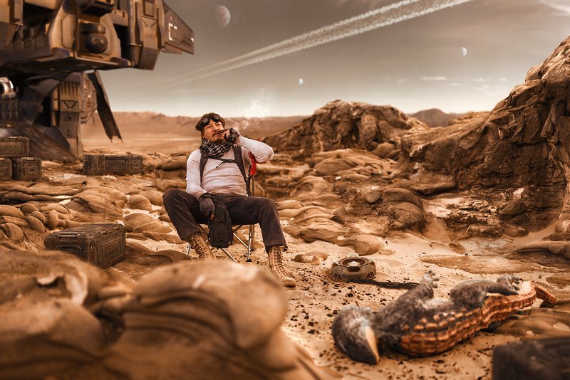 арт, фантастика, коллаж, другаяпланета, корабль, охотник, собака, инопланетный, парышков AlienDog hunter фото превью