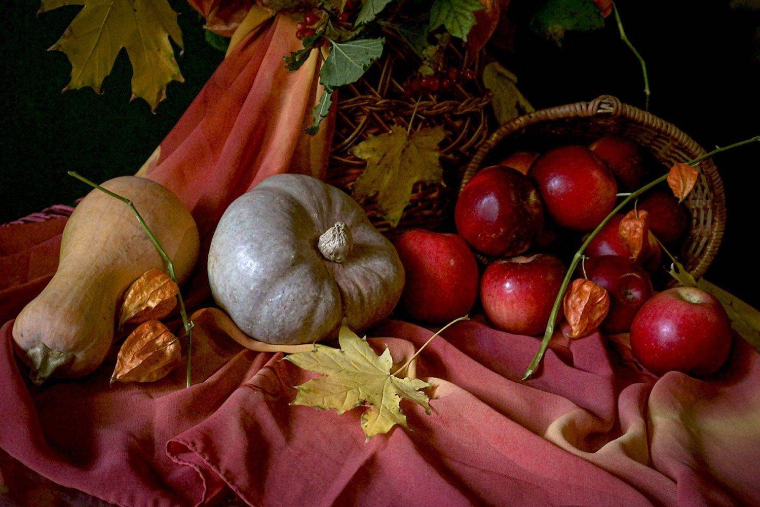 натюрморт, тыква,физалис,яблоки, Марина Соколова