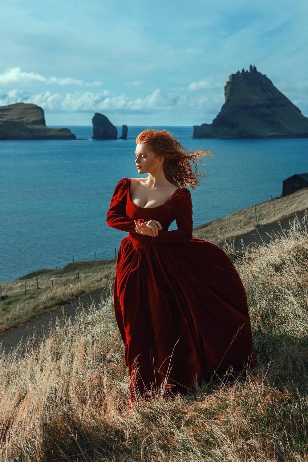 faroe, island, beautiful, landscape, wind, ocean, sea, wild, portrait, red dress, sun, light, mountains, dresmy,, Катерина Клио