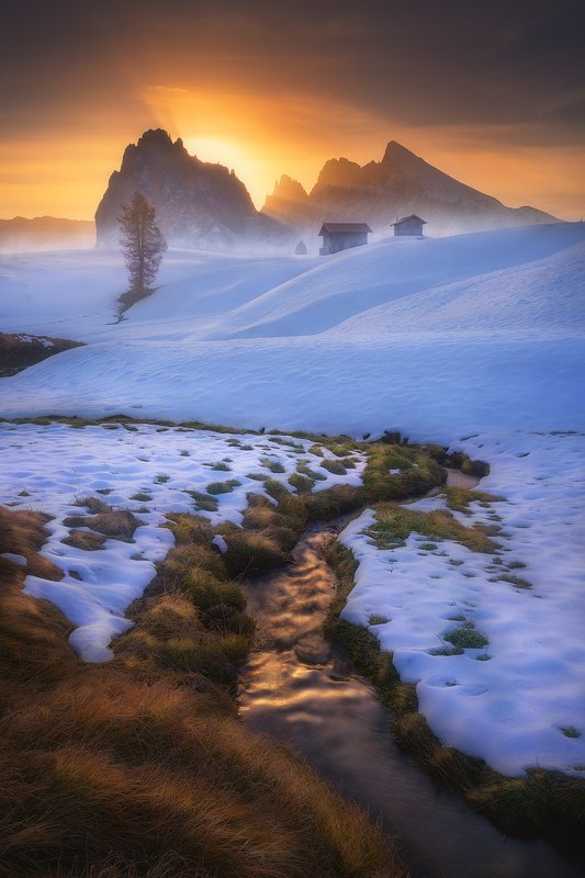 alpre, di , siusi, dolomiti, italy, landscape, snow, mountain, creek, autumn, winter, sunrise  alpe di siusi фото превью