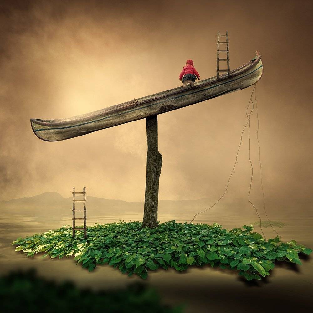 girl, boat, psd, manipulation, tutorials, ladder, wood, tree, leaf, green, reflection, green, light, fog, mystery, alone, boat, inside, mounting, Caras Ionut