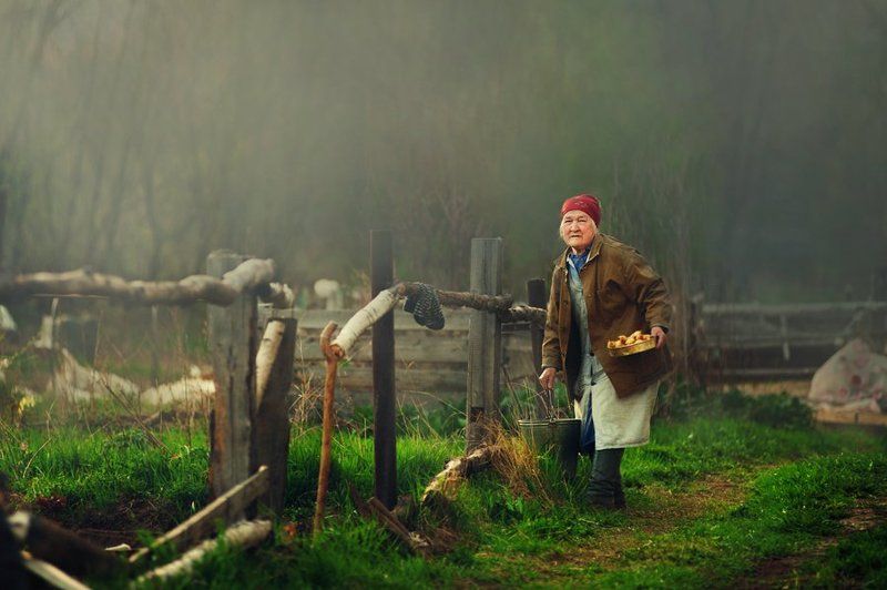 Старушка готовится к посадке лука фото превью