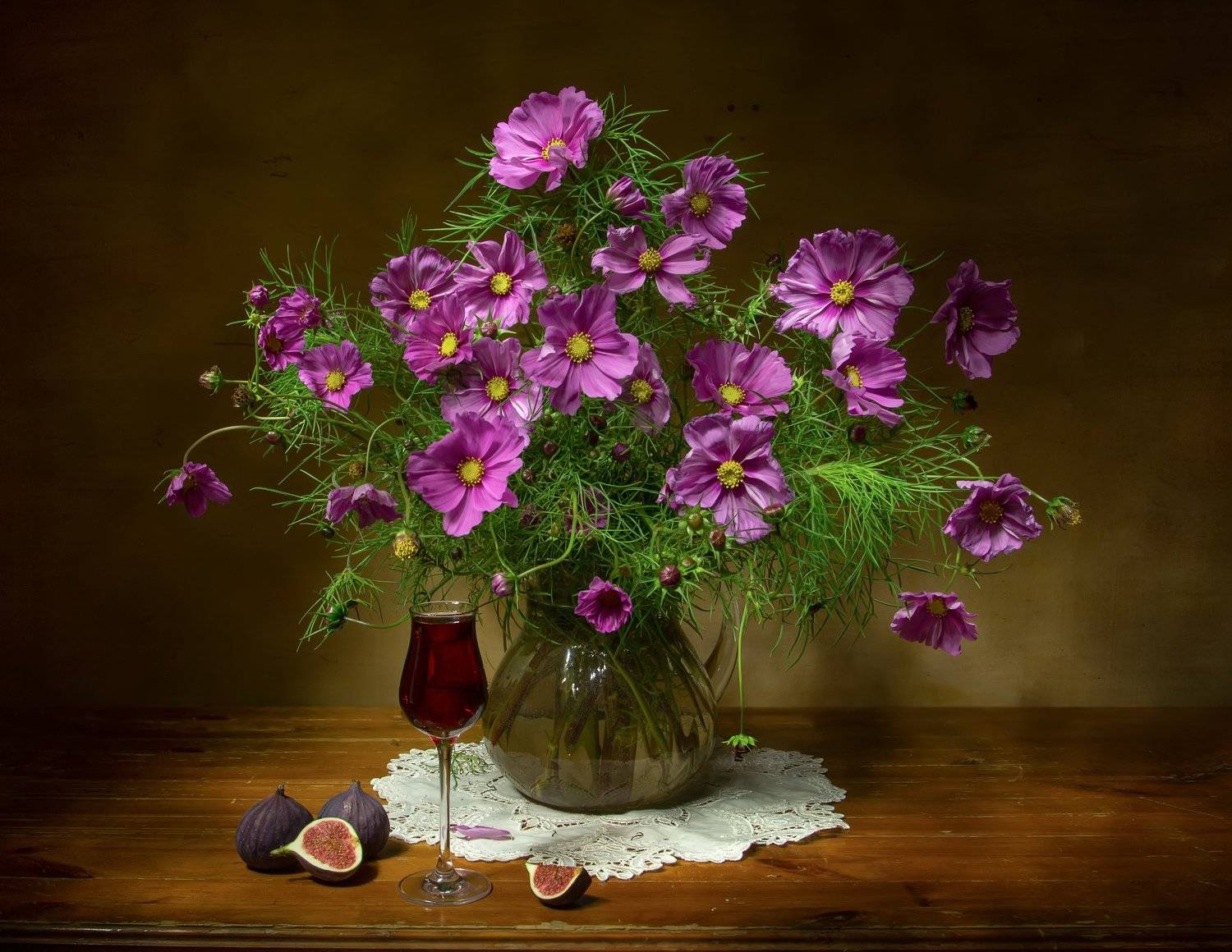 натюрморт, космея, инжир, вино, Татьяна Феденкова