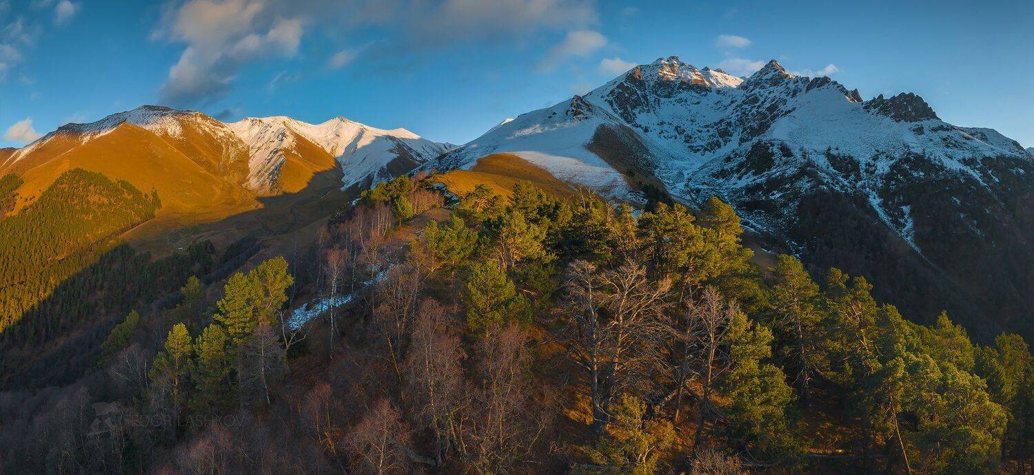горы, гора, кавказ, кавказские горы, архыз, ноябрь, первый снег, осень, хребет, лес, сосновый лес, закат, перевал,, Лашков Фёдор