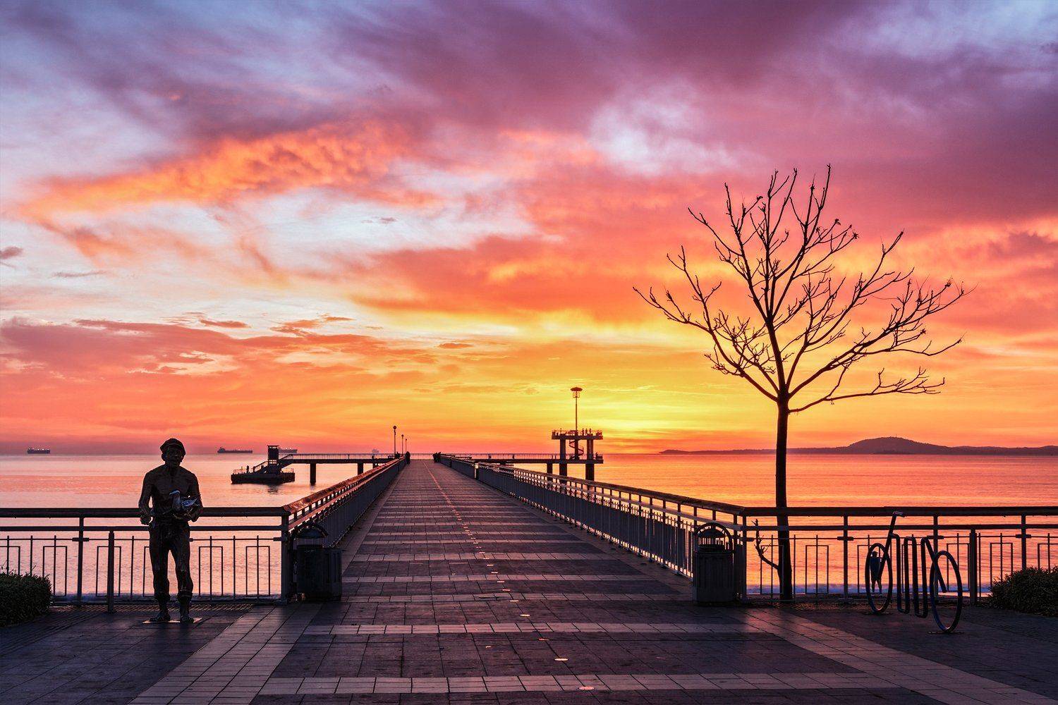 осень октябрь утро, рассвет, мост, пирс, море, черное, бургас, болгария, путешествия, Ра Вера