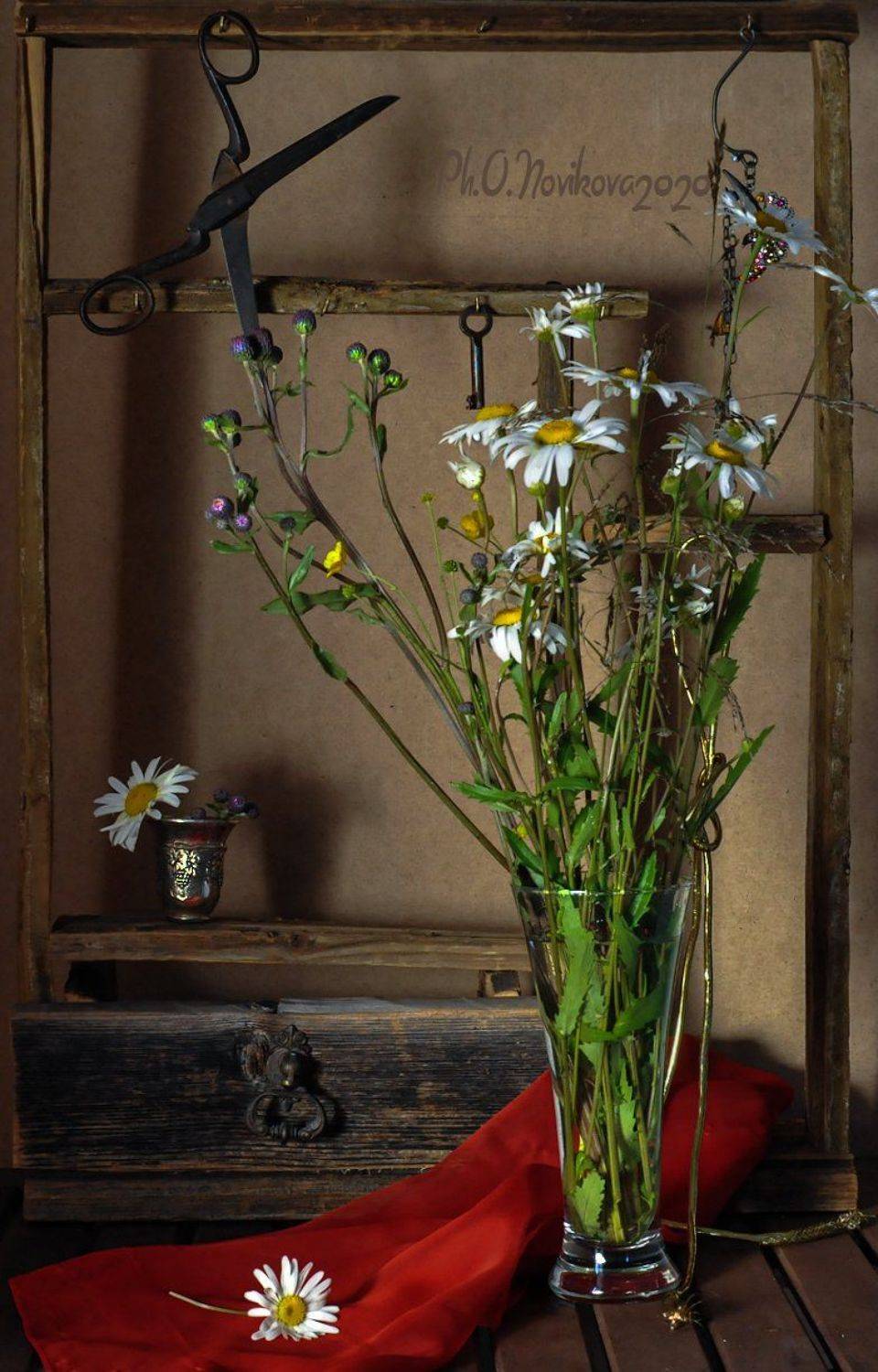 ромашки,цветы,бокал,ножницы,платок,полка, Ольга Новикова
