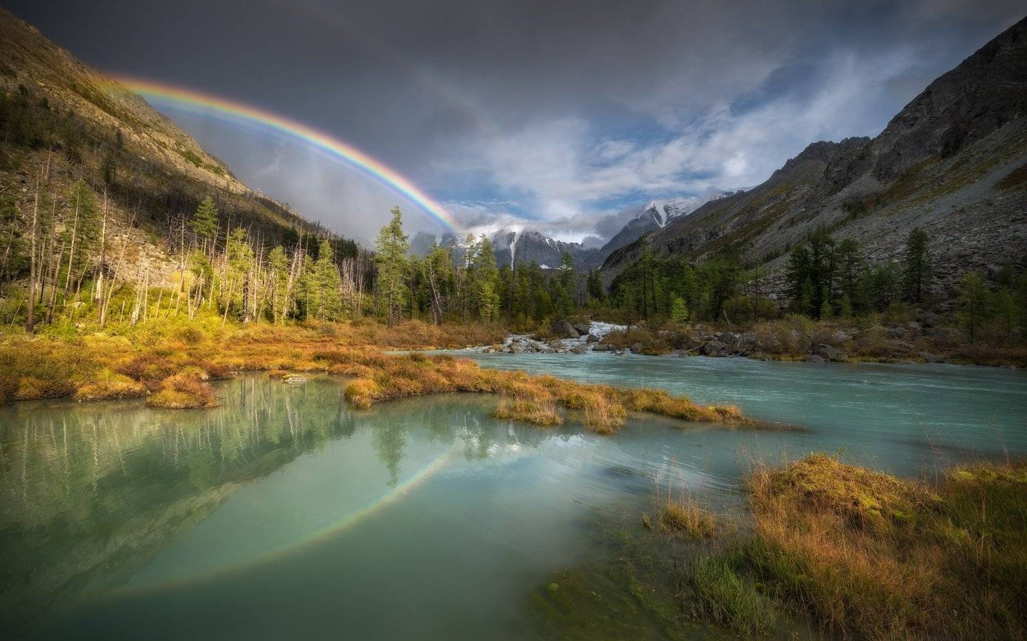 алтай, горный алтай, август, горы, катунский хребет, горная река, мюшту-айры, массив мюшту-айры, ледник братьев троновых, тайга, лес, разлив реки, склоны гор, усть-коксинский район, радуга, двойная радуга, природный парк белуха, Алена Рубан