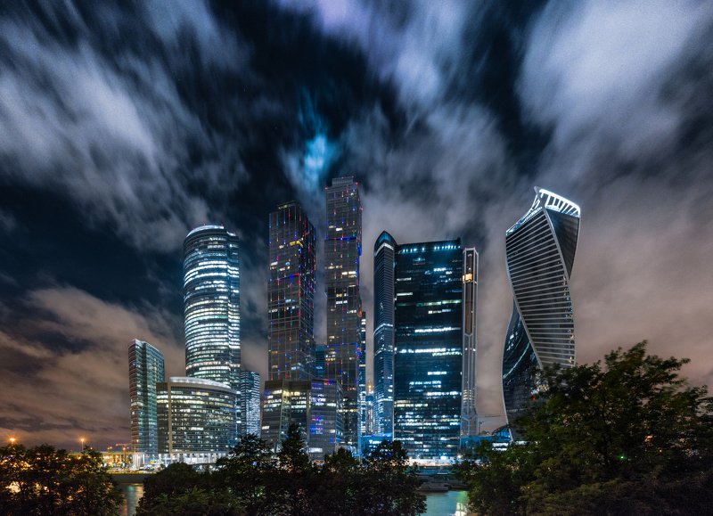 skyscrapers, night, clouds, moscow, city, russia The Moscow-city фото превью