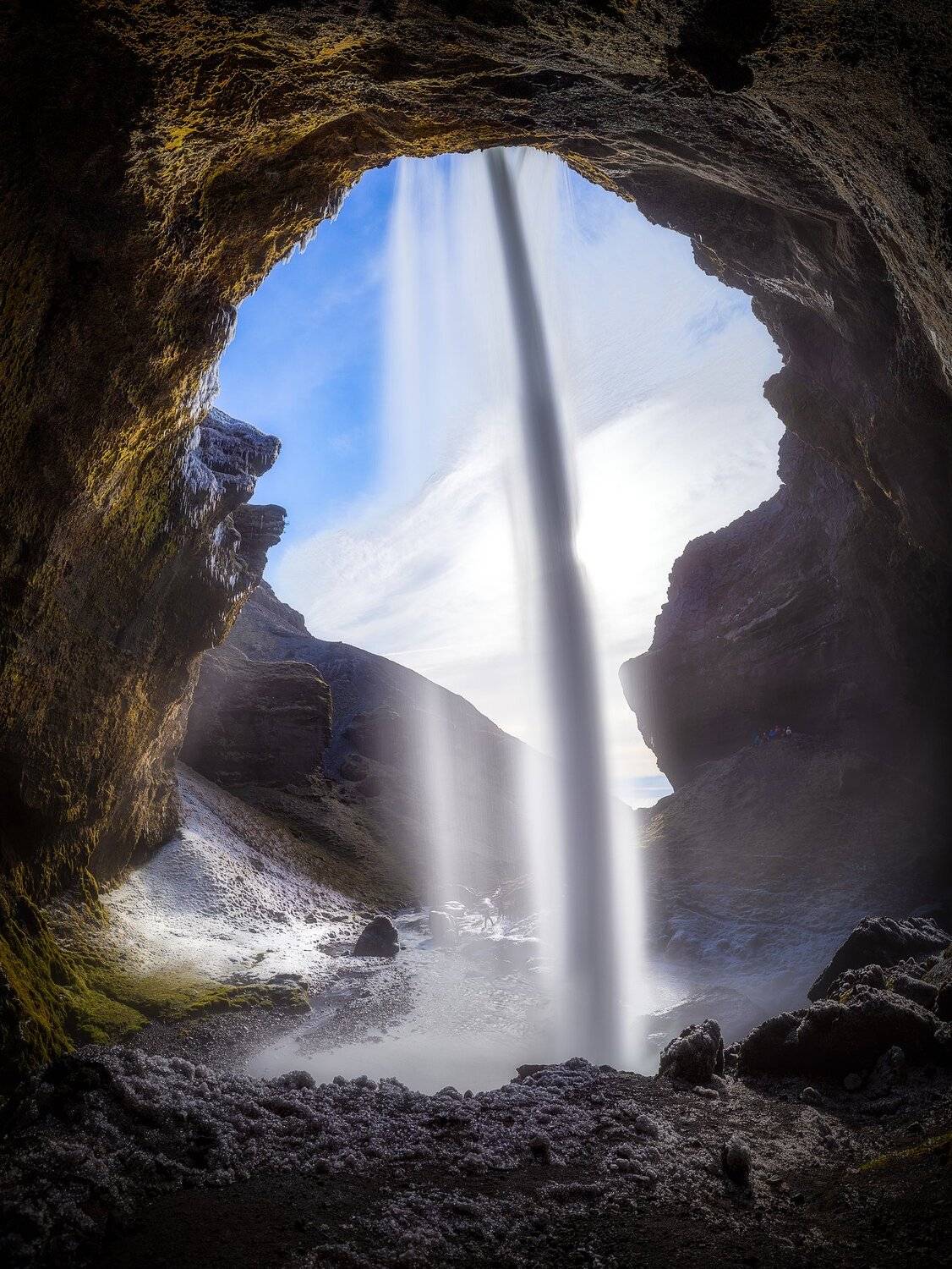 waterfall, cold, sun, sunshine, rocks, mountains, snow, moss, ice, water, discover, travel, Сергей Долженко