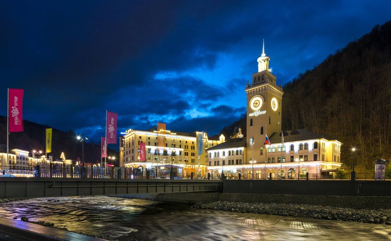 night, city, bridge, river, skyline, street light, illuminated, rosa khutor, russia, Сергей Гладков