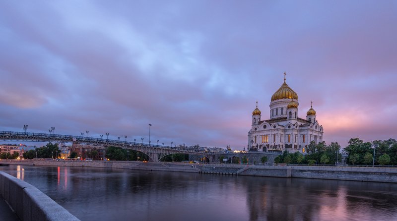 architecture, sunrise, sky, church, religion, river, pink, blue, moscow, russia Нежный рассвет фото превью