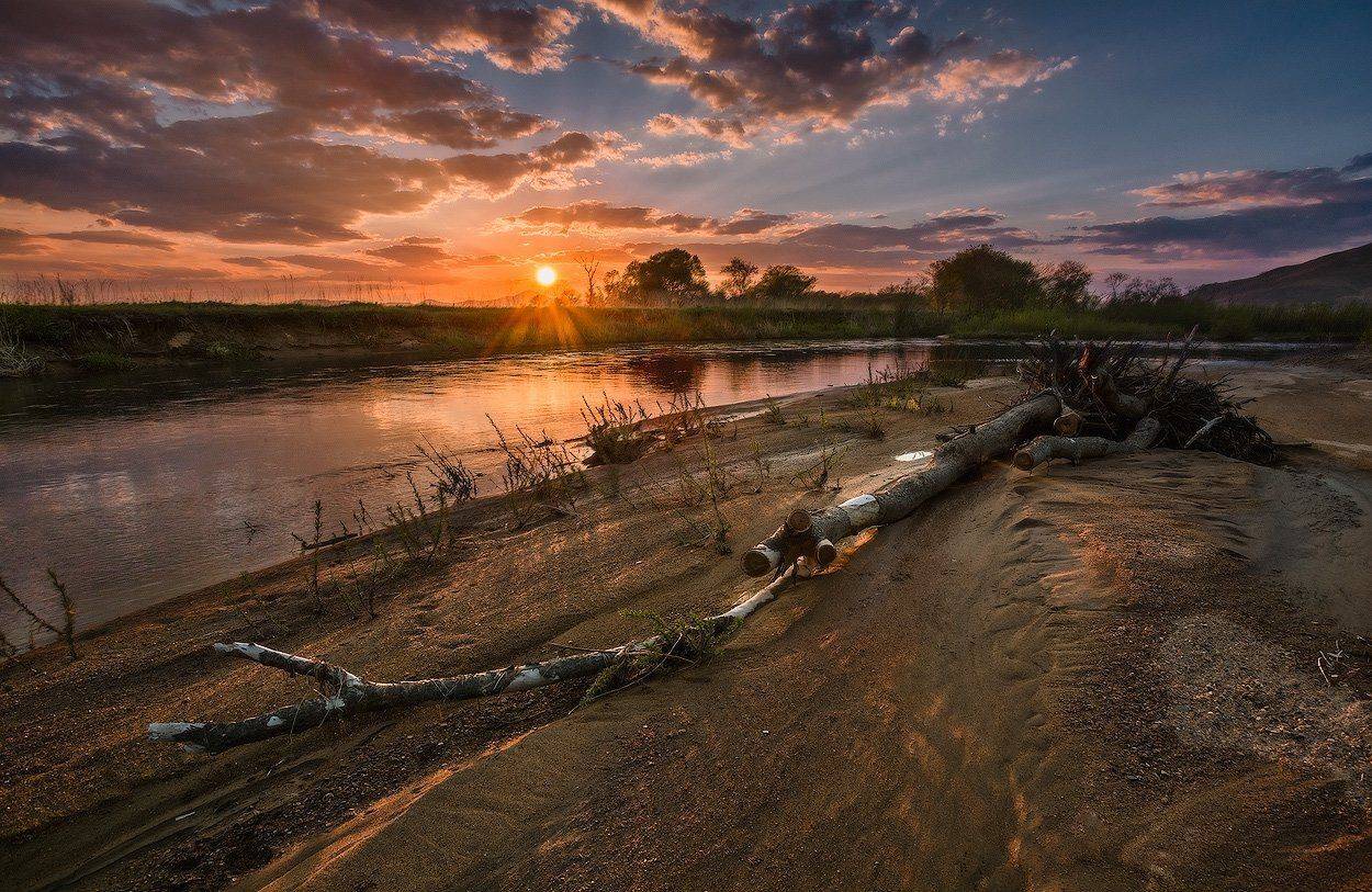 вечер, река, закат, Андрей Кровлин