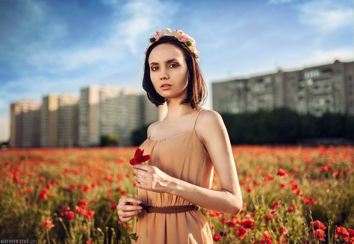 Голубое небо, Девушка, Маки, Модель, Матвеев Стас