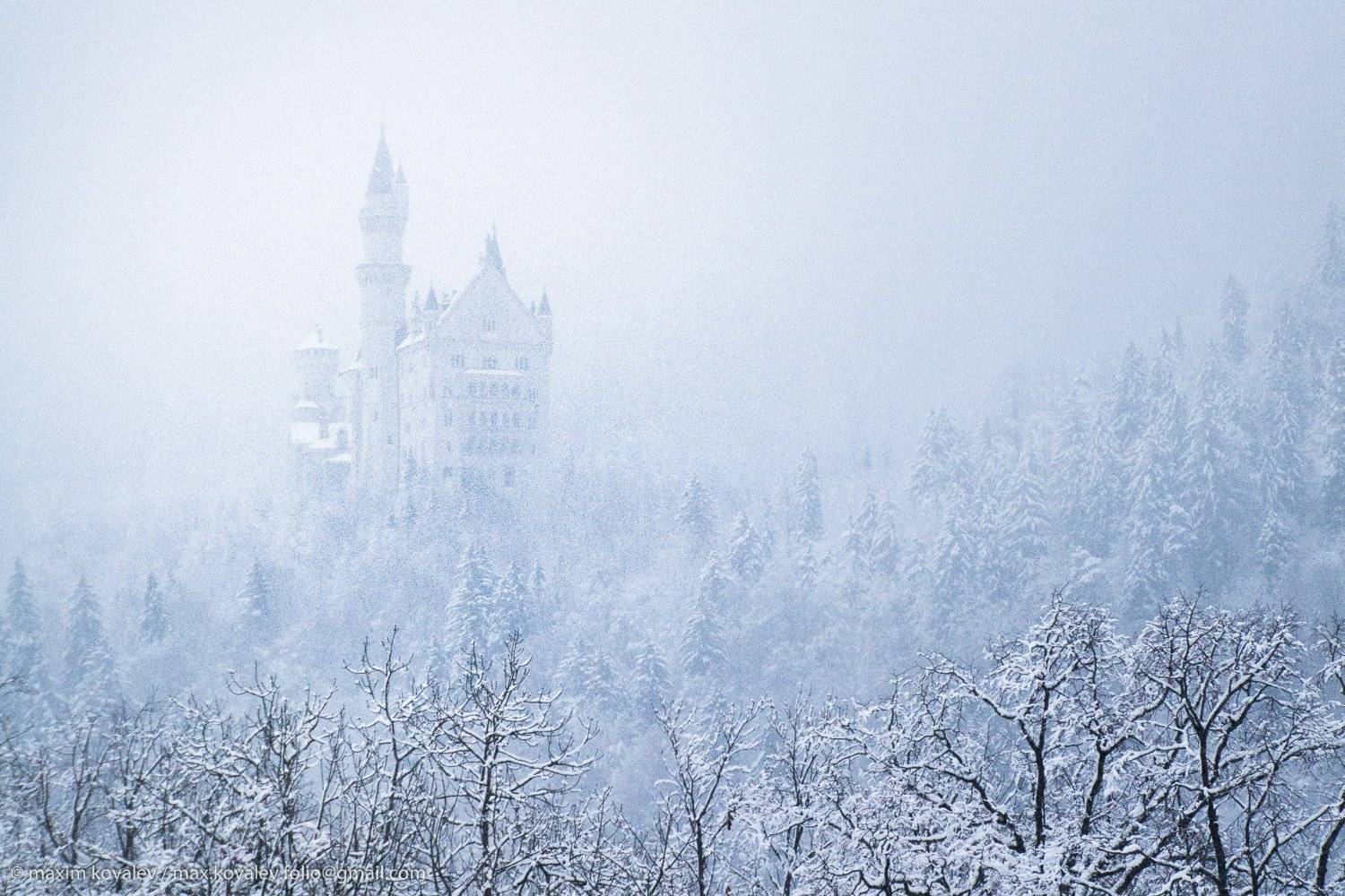 europe, germany, hohenschwangau, neuschwanstein castle, architecture, castle, fog, forest, mountain, nature, plant, snow, tree, winter, германия, европа, нойшванштайн замок, хоэншвангау, архитектура, гора, дерево, замок, зима, лес, природа, растение, снег, Максим Ковалёв