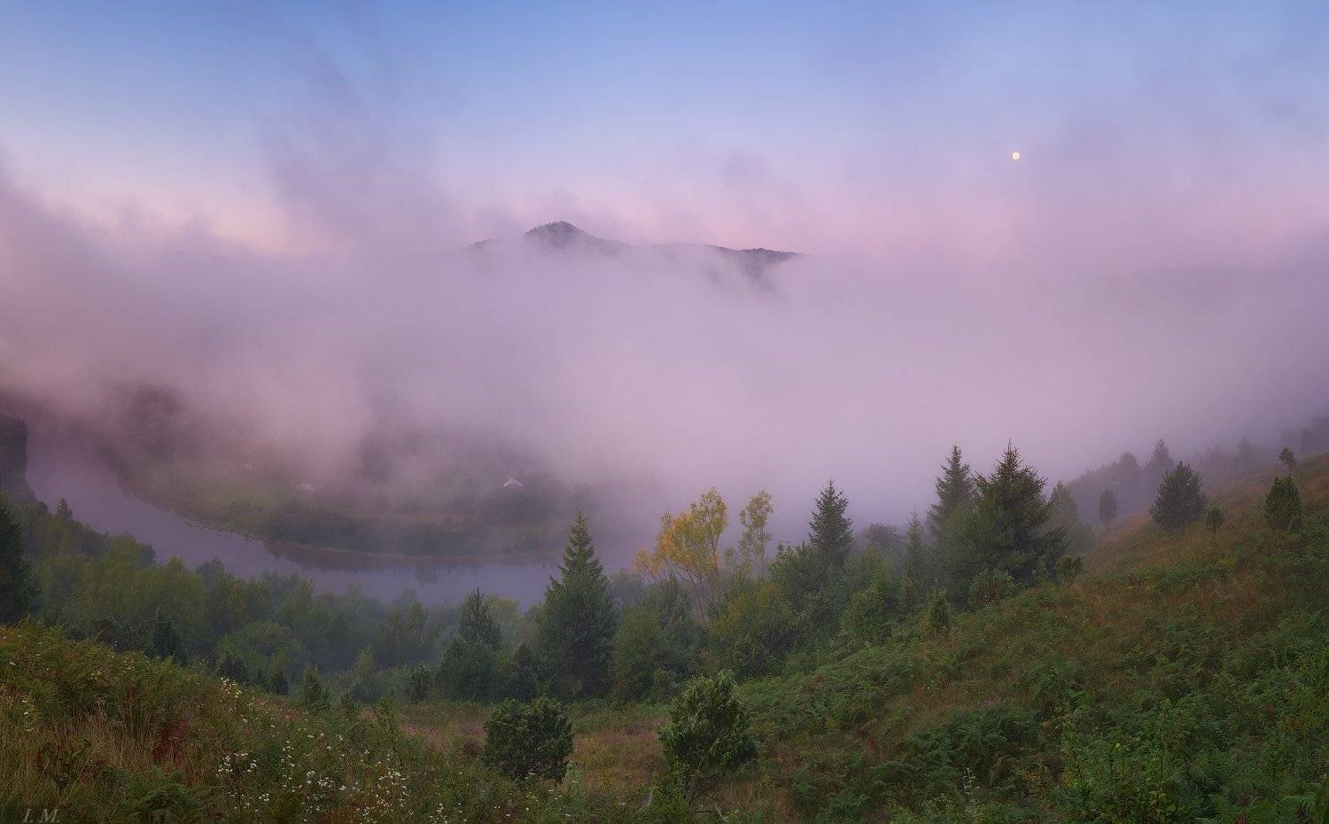 Прикарпатье, Рыбник, река, Стрый, Сколовские Бескиды, лето, луна, панорама, пейзаж, туман, утро, dawn, fog, landscape, moon, mountains, river, trees, misty, colors, mist, foggy, Stryi, Skolivski Beskydy, Ivan Maljarenko 