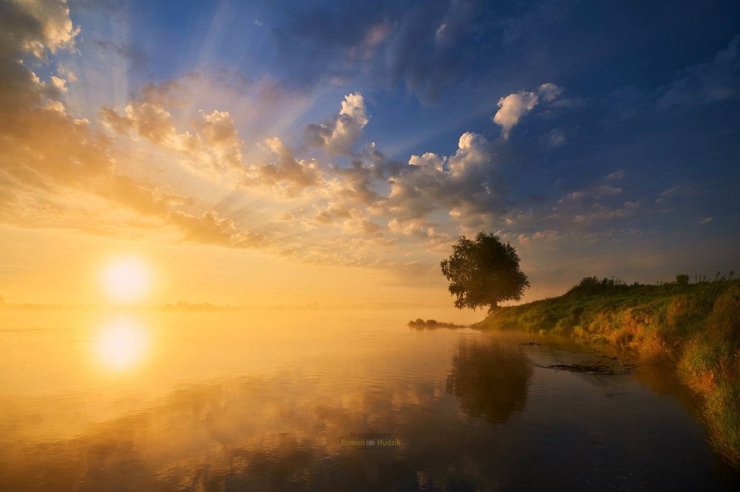 Wisła, Landscape, Tree, Sunrise, Sun, Poland, Clouds, Sky, Water, Reflection, , Roman Hudzik