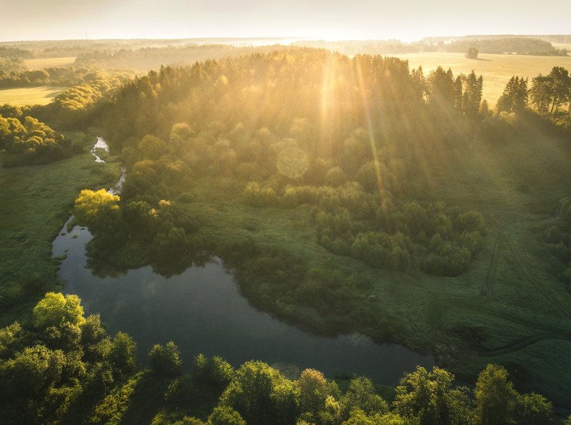 пейзаж, рассвет, дрон,туман, река  Утро фото превью