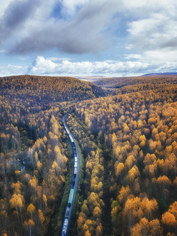 пермский край, осень, золотая осень, осенний лес, осенний пейзаж, ржд, россия, поезд, железная дорога Состав фото превью