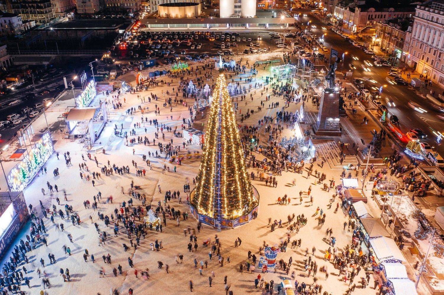 новый год, елка, площадь, площадь борцов за власть, владивосток, зима, снег, ночь, Антон Блохин