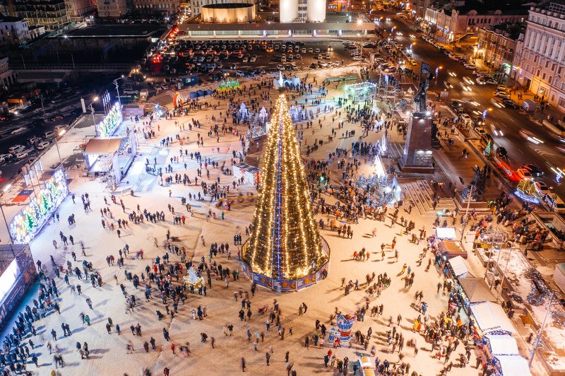 новый год, елка, площадь, площадь борцов за власть, владивосток, зима, снег, ночь Новогодняя фото превью