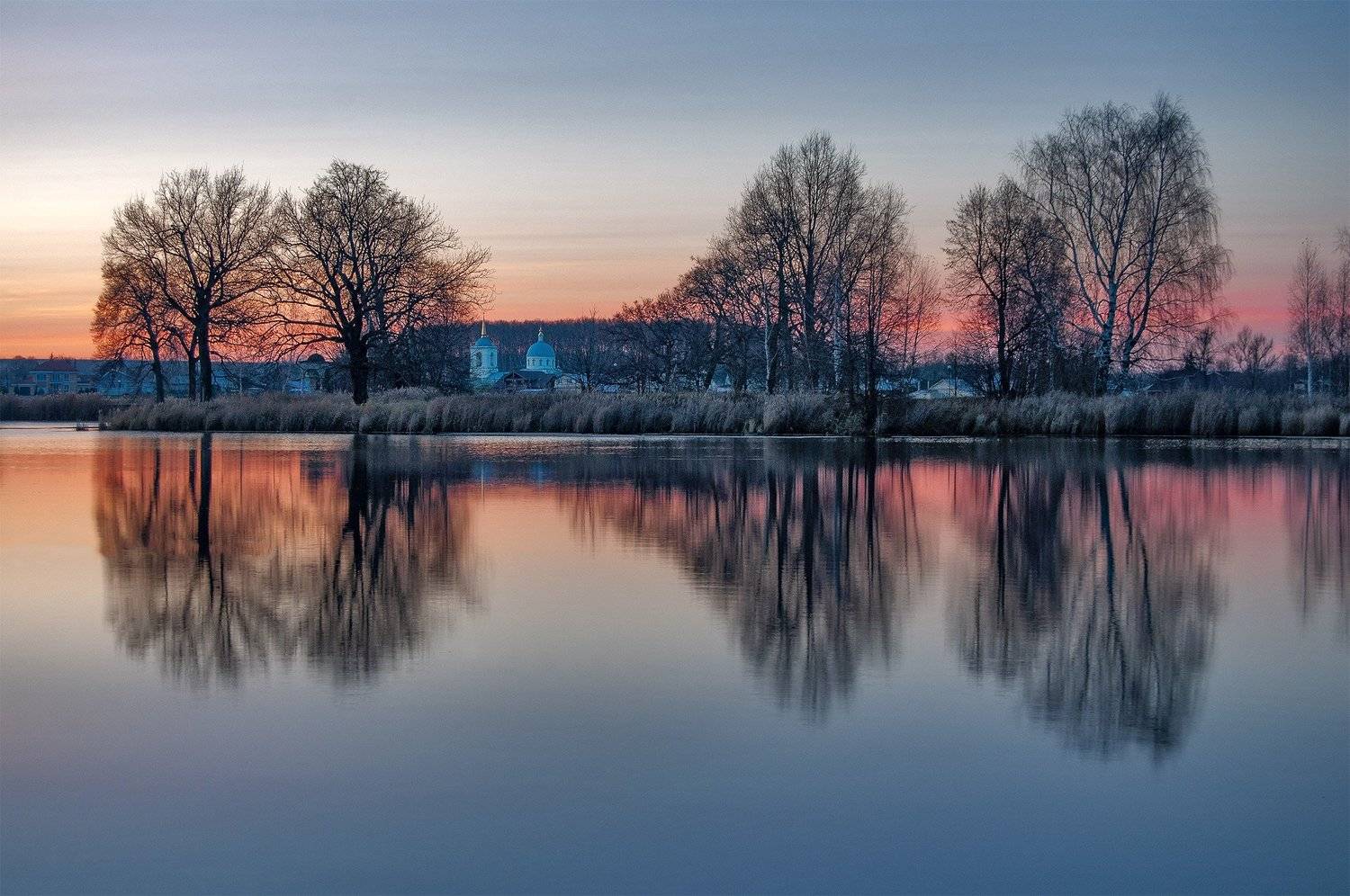 осень, вечер, озеро, храм, монастырь, деревья, вода, река, Andres Ganenkoff