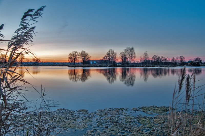 вечер, закат, озеро, река, отражение, церковь, монастырь *** фото превью