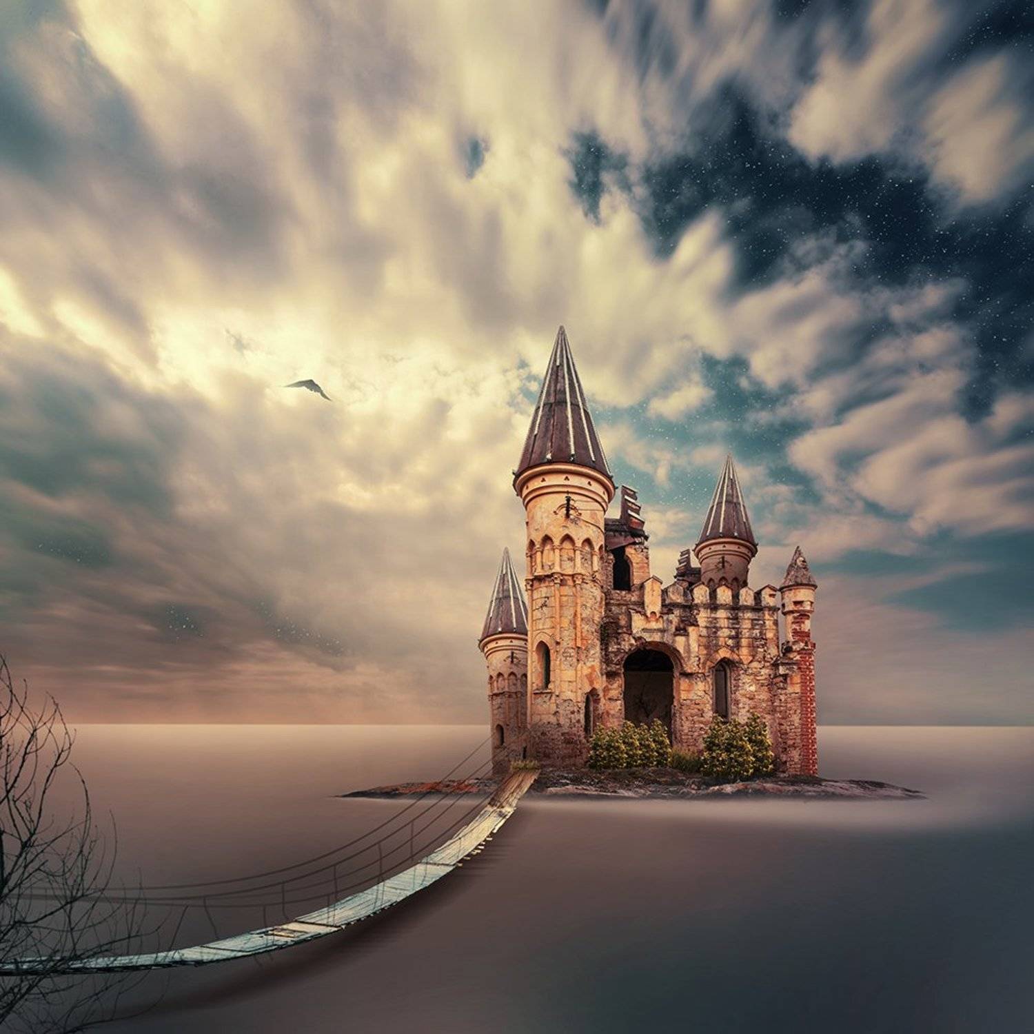 bird, calm, cold, crow, dark, fly, fog, long exposure, manipulation, mist, night, ocean, photoshop, psd, sky, storm, tree, tutorials, water, wood, castle, tower, bridge, island, rocks, reflection, Caras Ionut