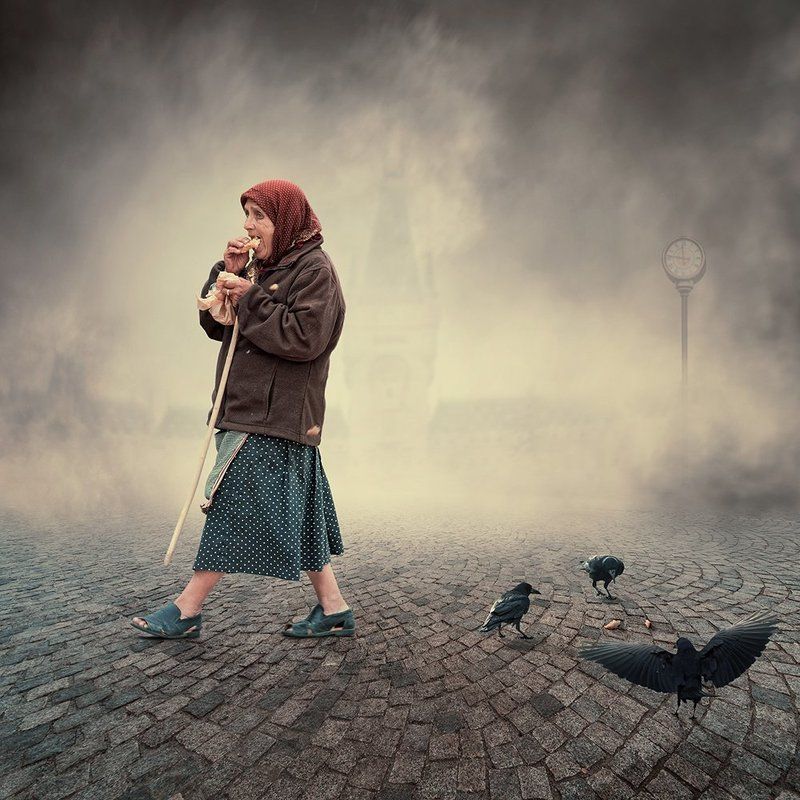 car, cliff, cloth, clouds, dream, fence, field, flower, flying, freedom, ground, high, leaf, light, manipulation, old, photoshop, psd, rainbow, rocks, sky, tutorials, woman, crows, fly, crumbs, eat, clock, castle, Crumbs фото превью