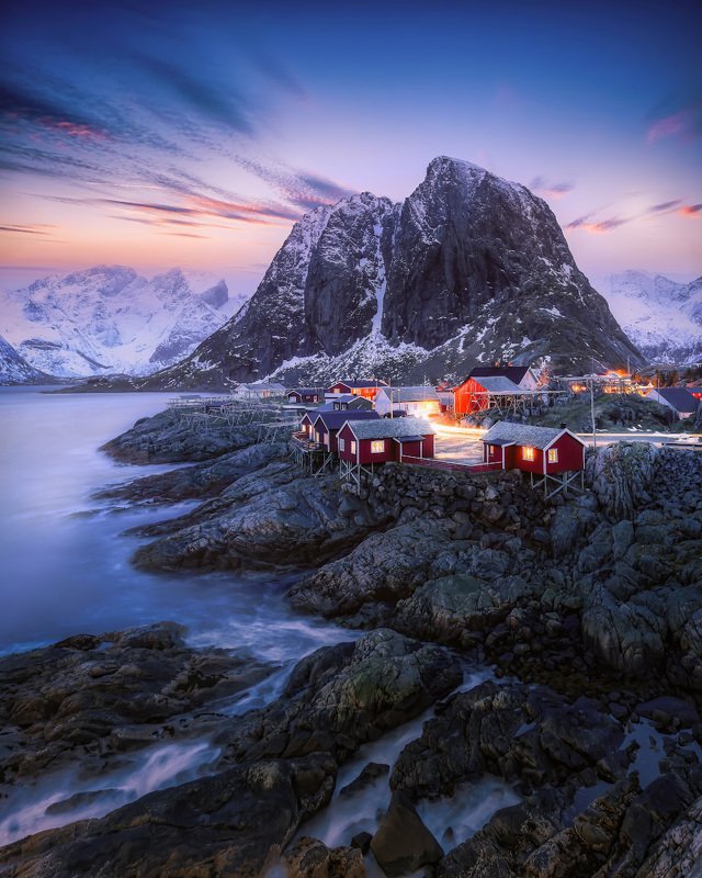 norway, lofoten, winter, sunrise, hamnoy, mountain, water, sky, color Февраль на Лофотенах фото превью