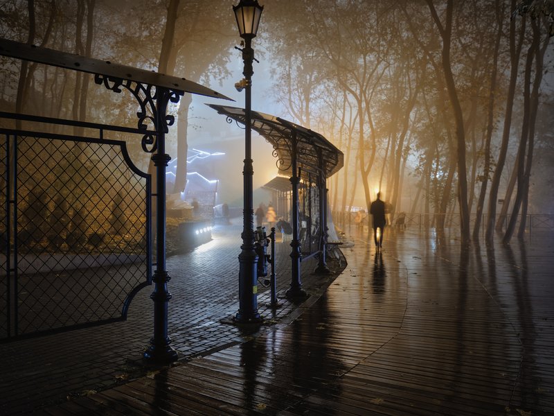 вечер, город, аллея, туман, прохожий, силуэт, деревья, листья, осень Туманный вечер фото превью