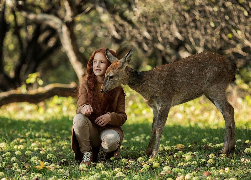 девочка,красотка, оленёнок,бемби,осень, дружба,природа, girl, beautiful, fawn, autumn, nature Девочка с олененком бэмби фото превью